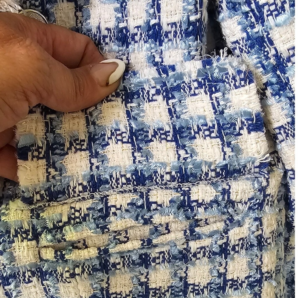 Vici Collection Blue Tweed Blazer Silver Buttons Frayed Trim Size Large - Picture 3 of 8